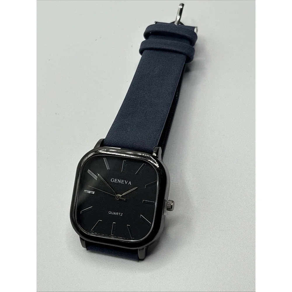 Geneva Quartz Men's Watch Square‎ With Navy Blue Band New Outside Box